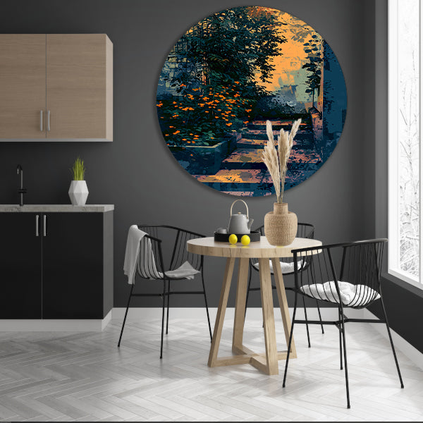 Serene tuin bij zonsondergang, digitale kunst aluminium muurcirkel