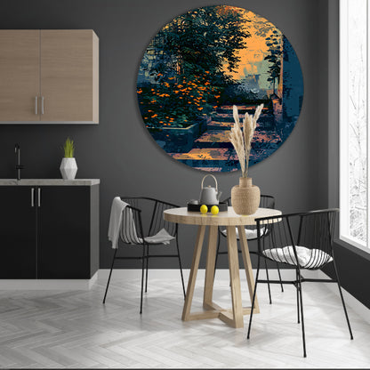 Serene tuin bij zonsondergang, digitale kunst aluminium muurcirkel
