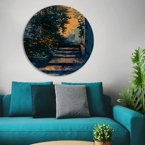 Serene tuin bij zonsondergang, digitale kunst aluminium muurcirkel