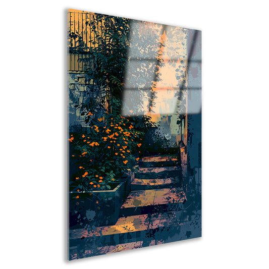 Serene tuin bij zonsondergang, digitale kunst acrylglas