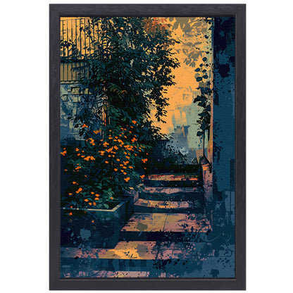 Serene tuin bij zonsondergang, digitale kunst canvas met baklijst