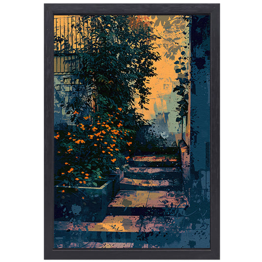 Serene tuin bij zonsondergang, digitale kunst canvas met baklijst