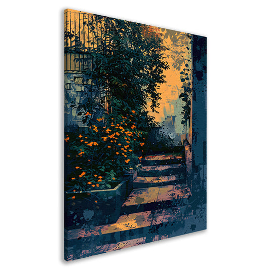 Serene tuin bij zonsondergang, digitale kunst canvas