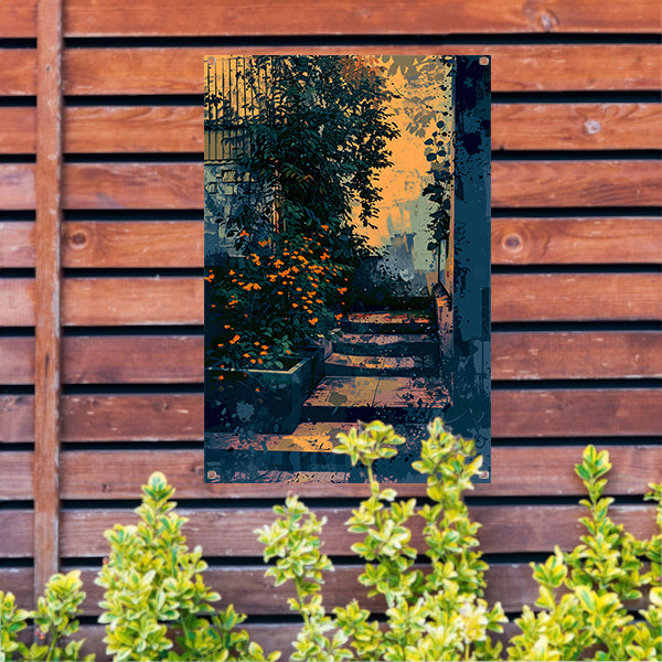 Serene tuin bij zonsondergang, digitale kunst tuinposter