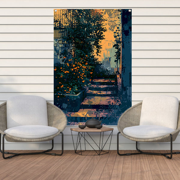 Serene tuin bij zonsondergang, digitale kunst tuinposter