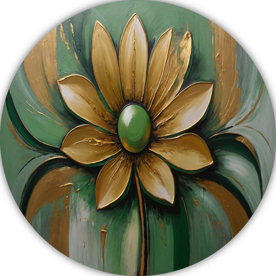 Gouden Bloem op Groene Achtergrond aluminium muurcirkel