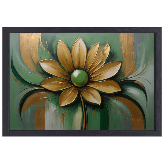 Gouden Bloem op Groene Achtergrond canvas met baklijst