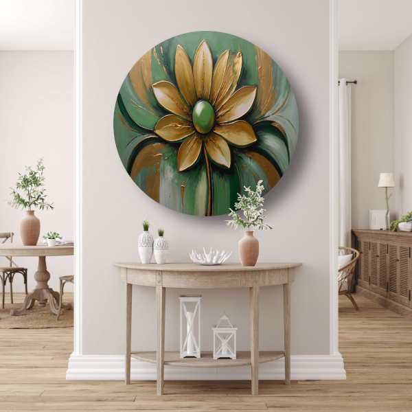 Gouden Bloem op Groene Achtergrond aluminium muurcirkel