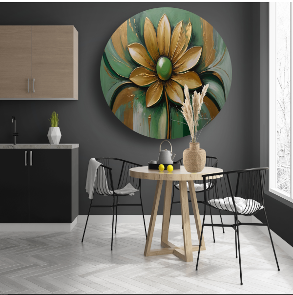 Gouden Bloem op Groene Achtergrond aluminium muurcirkel