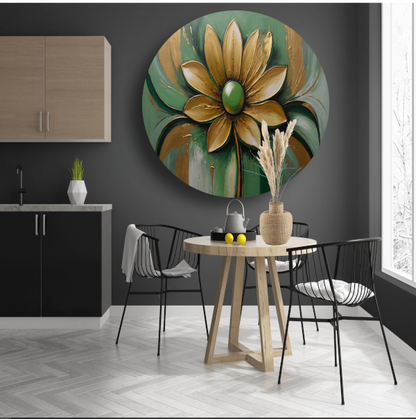 Gouden Bloem op Groene Achtergrond aluminium muurcirkel