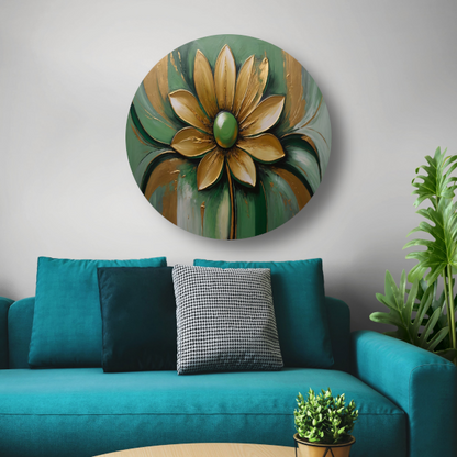 Gouden Bloem op Groene Achtergrond aluminium muurcirkel