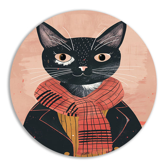 Modern illustratie van een kat met sjaal aluminium muurcirkel