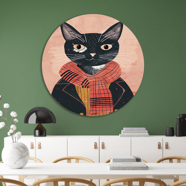 Modern illustratie van een kat met sjaal aluminium muurcirkel