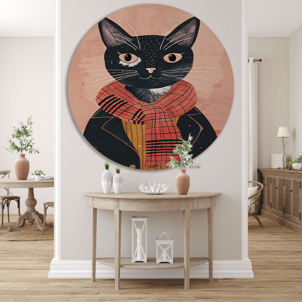 Modern illustratie van een kat met sjaal aluminium muurcirkel