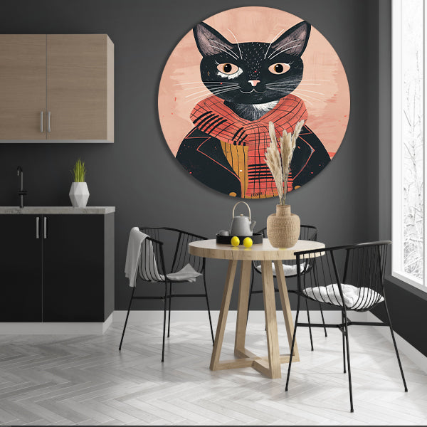 Modern illustratie van een kat met sjaal aluminium muurcirkel