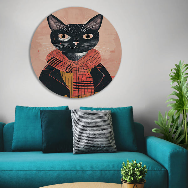 Modern illustratie van een kat met sjaal aluminium muurcirkel