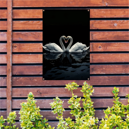 Twee zwanen in donkere reflectie tuinposter