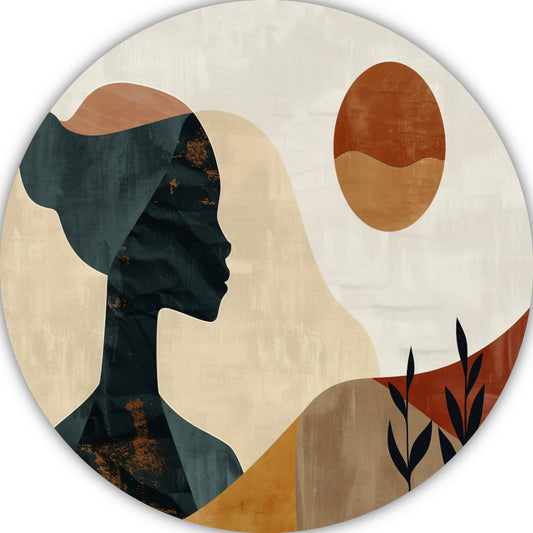Abstract silhouet van een vrouw met natuurlijke kleuren aluminium muurcirkel