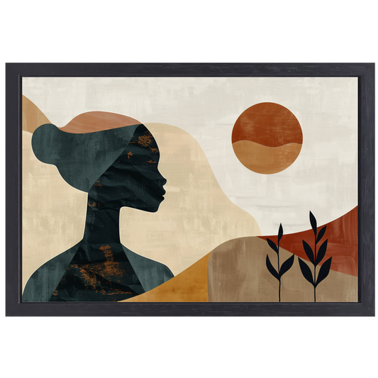 Abstract silhouet van een vrouw met natuurlijke kleuren canvas met baklijst