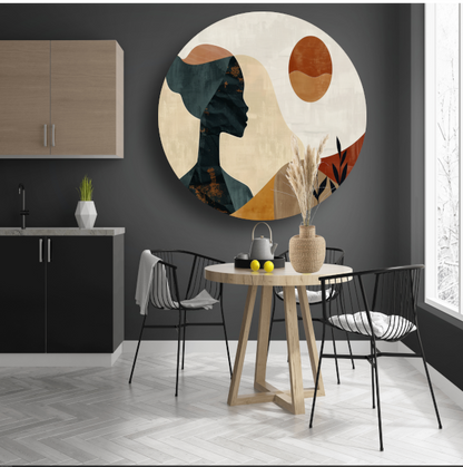 Abstract silhouet van een vrouw met natuurlijke kleuren aluminium muurcirkel