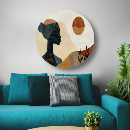 Abstract silhouet van een vrouw met natuurlijke kleuren aluminium muurcirkel