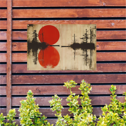Abstracte rode zon boven water met bomen tuinposter
