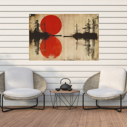 Abstracte rode zon boven water met bomen tuinposter