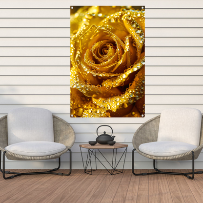 Gouden roos met schitterende waterdruppels in detail tuinposter