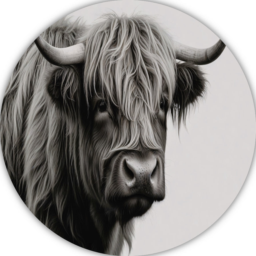 Minimalistische Schotse Hooglander in Zwart-Wit aluminium muurcirkel