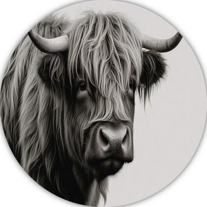 Minimalistische Schotse Hooglander in Zwart-Wit aluminium muurcirkel