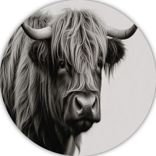Minimalistische Schotse Hooglander in Zwart-Wit aluminium muurcirkel