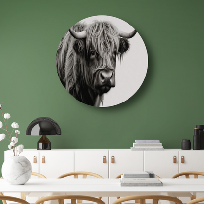 Minimalistische Schotse Hooglander in Zwart-Wit aluminium muurcirkel