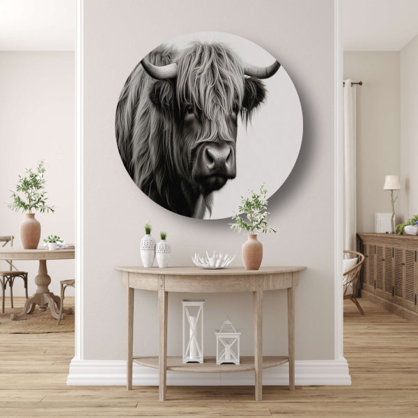Minimalistische Schotse Hooglander in Zwart-Wit aluminium muurcirkel
