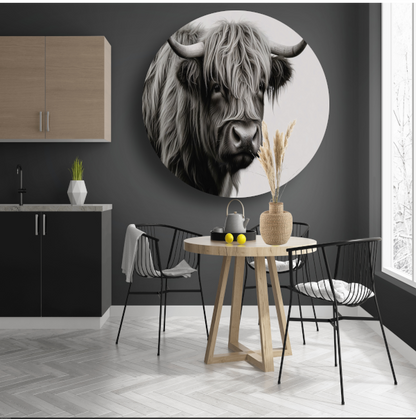 Minimalistische Schotse Hooglander in Zwart-Wit aluminium muurcirkel