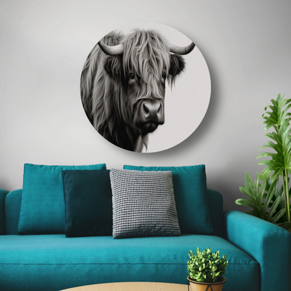 Minimalistische Schotse Hooglander in Zwart-Wit aluminium muurcirkel