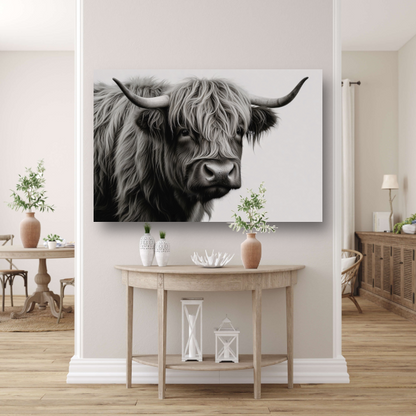 Minimalistische Schotse Hooglander in Zwart-Wit canvas met baklijst