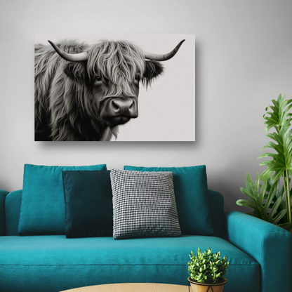 Minimalistische Schotse Hooglander in Zwart-Wit canvas met baklijst