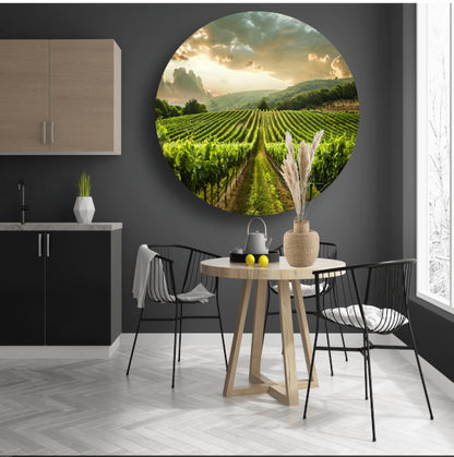Zonsondergang in de Lush Wijngaard Heuvels aluminium muurcirkel