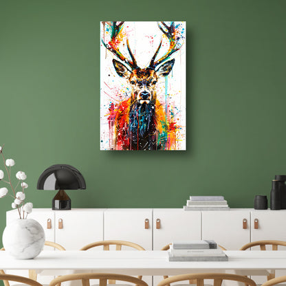 Kleurrijk abstract hert schilderij met spetters acrylglas