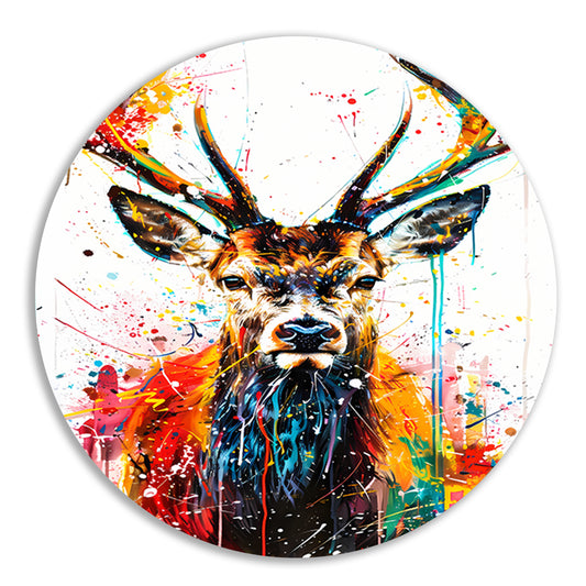 Kleurrijk abstract hert schilderij met spetters forex muurcirkel