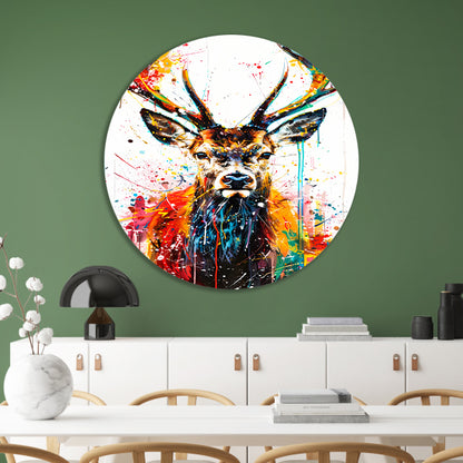 Kleurrijk abstract hert schilderij met spetters forex muurcirkel