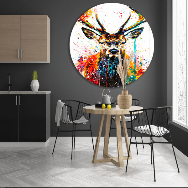 Kleurrijk abstract hert schilderij met spetters aluminium muurcirkel
