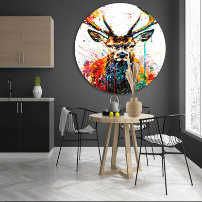 Kleurrijk abstract hert schilderij met spetters aluminium muurcirkel