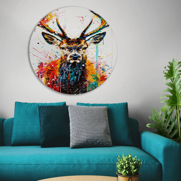 Kleurrijk abstract hert schilderij met spetters forex muurcirkel