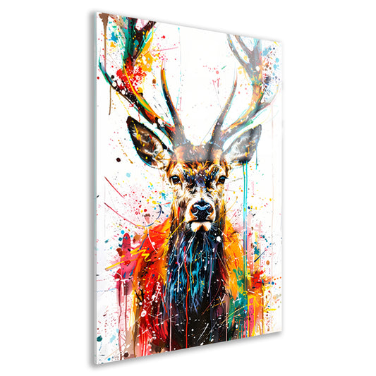 Kleurrijk abstract hert schilderij met spetters acrylglas