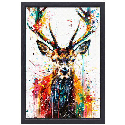 Kleurrijk abstract hert schilderij met spetters canvas met baklijst