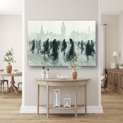 Schaduwfiguren voor een iconische skyline canvas met baklijst