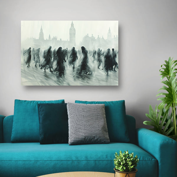 Schaduwfiguren voor een iconische skyline canvas met baklijst