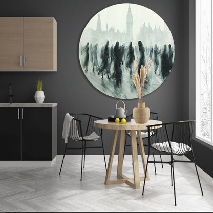 Schaduwfiguren voor een iconische skyline aluminium muurcirkel