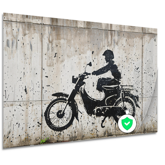 Silhouet motorrijder tegen betonnen achtergrond poster